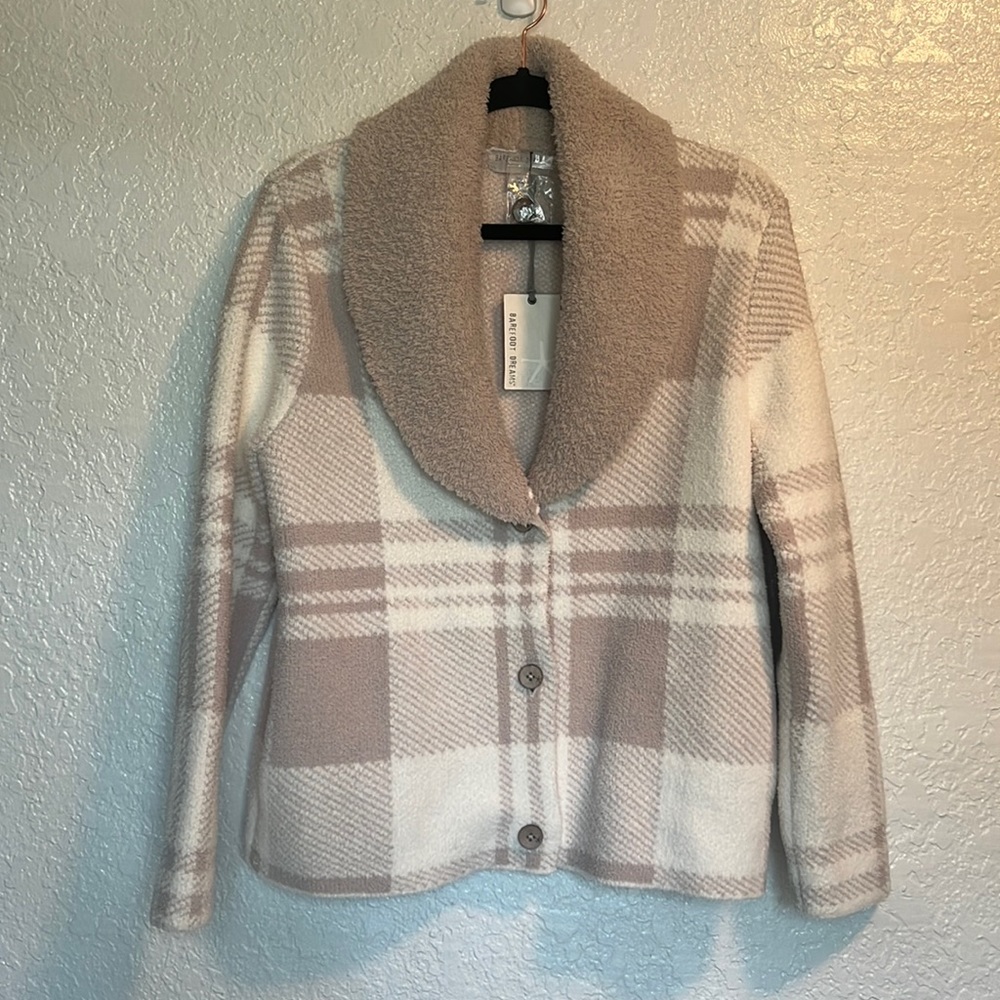 Barefoot Dreams Plaid Cardigan in Cream and Tan